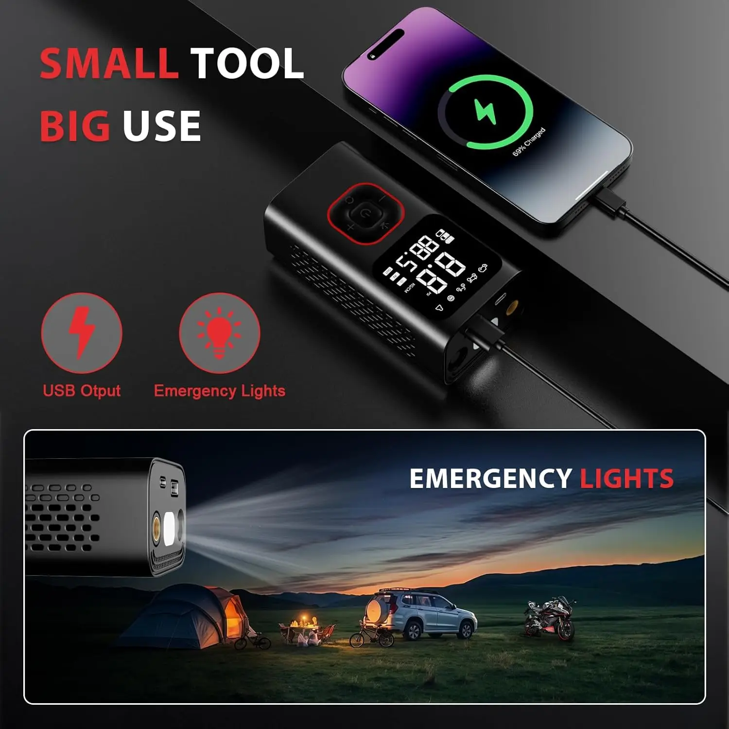 منفاخ إطارات محمول 150 رطل لكل بوصة مربعة مضخة هواء لاسلكية مع إيقاف تلقائي، شاشة LCD مزدوجة، مقياس ضغط للسيارات والدراجات النارية والدراجات #6