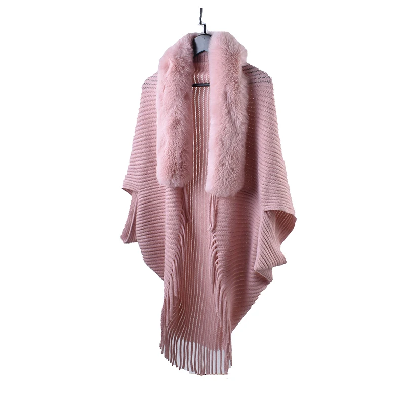 Autumn and Winter New Knitted Shawl with Fur Collar for Warm Tassel Cheongsam Overlay with Knitted Cardigan Same Style