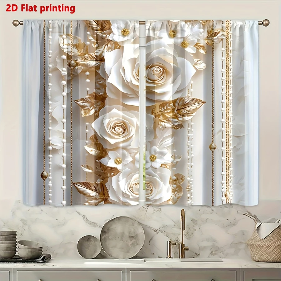 2PCS Digital Printed Curtains, Golden Leaf White Rose Metallic Elegant, Modern Home Decor Style for Living Room Bedroom Decor