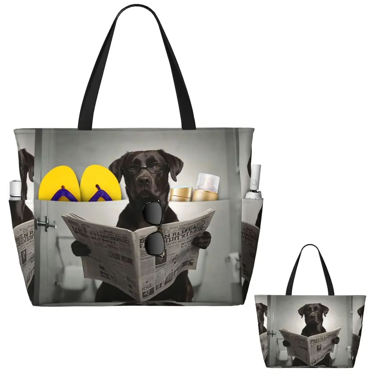 Chocolate Labrador Reading A Newspaper Beach Tote Bag Sport Gym Yoga Duffle Large Tote Bag Women Travel Bag Fitness bag