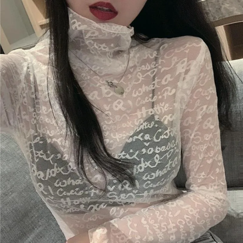 Women's Clothing Half-high Collar Lace Shirt Slim Fit Undershirt New Tees Slimming Versatile Autumn and Winter Top Inner Layer