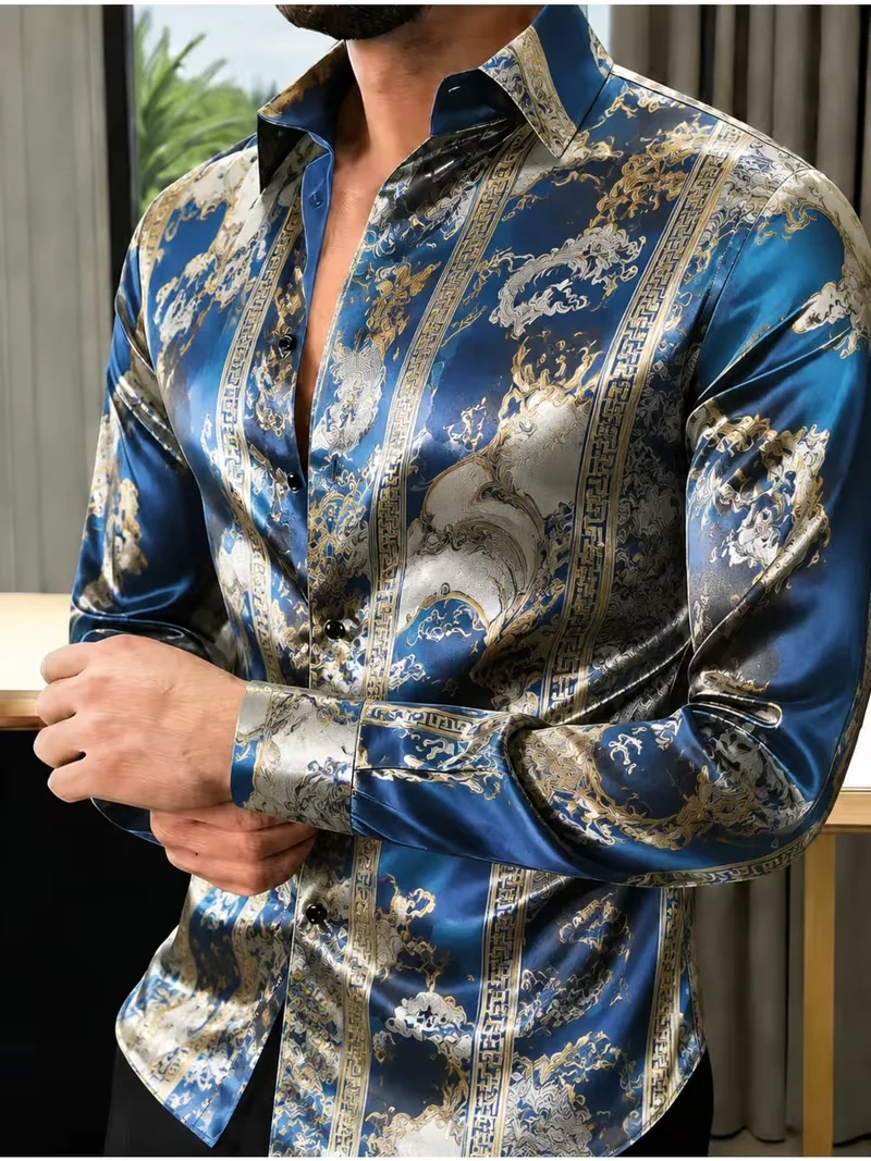 New gray blue background gold brown tropical large leaf plant printed shirt for men, slim fit long sleeved shirt
