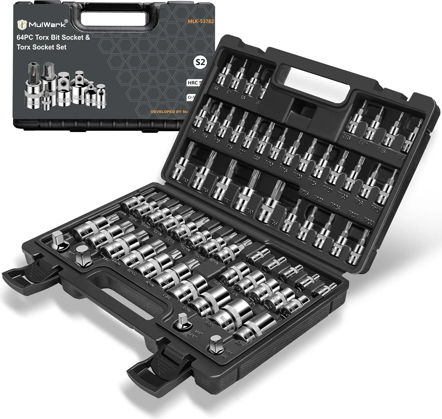 

64-Piece Torx Socket Set with 3/8, 1/4, 1/2 in. Drive Bits and Impact Adapter | S2 & Cr-V Steel