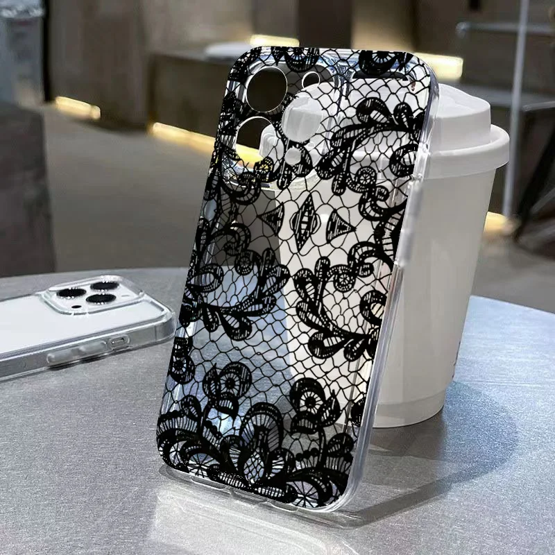 Trendy Black Lace Flower Pattern Phone Case for Xiaomi Poco X5 X3 Pro F5 X6 X7 F6 F7 M6 Pro 4G Shockproof Soft TPU Back Cover