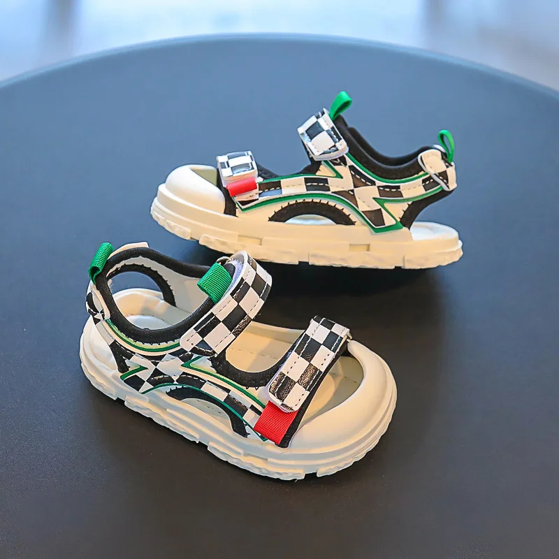 kids shoe Child Sandals Summer Cool Baby Shoe 2023New Fashion Checker Walking Shoe Boys Girls Soft Sole Anti Kick Sports Sandals