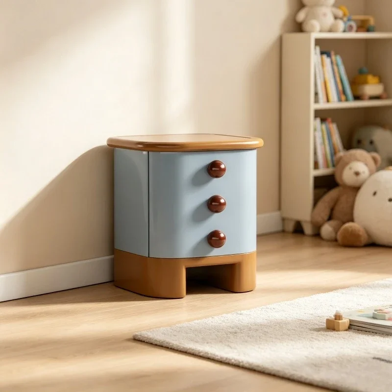 Cute Cartoon Kids Bedside Table Round Knobs Two-Tone Anti-Collision Edge Compact Toddler Bedroom Decor Nightstand End Table