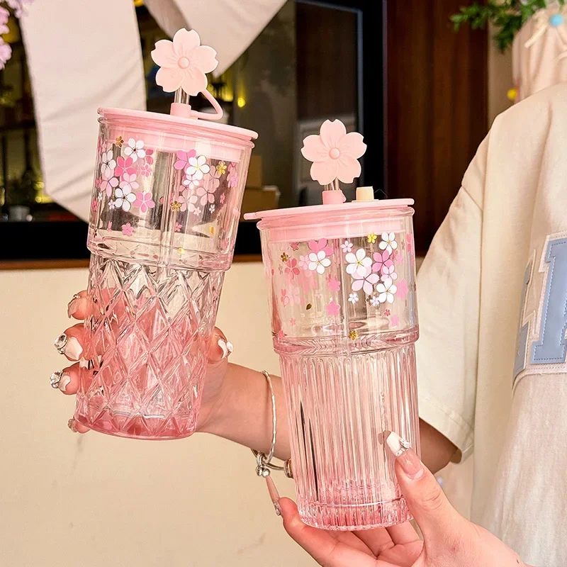 Reusable Drink Cup Party Cups with Straw Lid Cute Cherry Blossom Glass Tumblers for Cold Drinks Home Office Outdoor Summer Gift