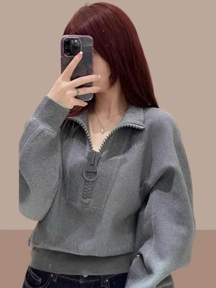 Women\'s with Zipper Sweatshirts Autumn and Winter Warm Female Top Full Zip Up Thick Pullovers Cold Cropped Grey 90s Vintage Xxl