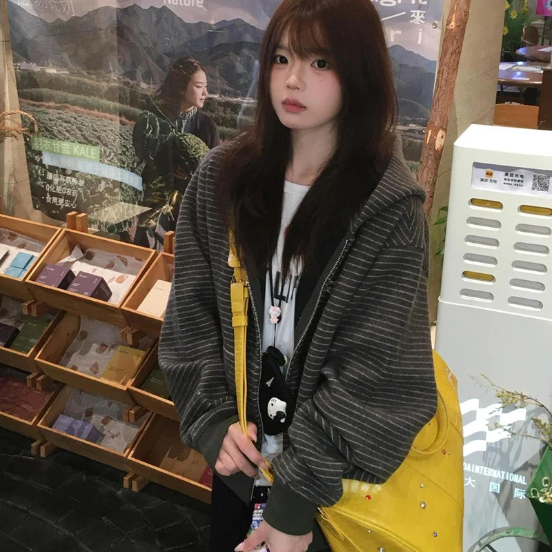 女性韓国ストライプフード付きスウェットシャツ原宿 Y2K アメリカンヴィンテージジャケット長袖ルーズカジュアルストリートクラシックレイジーコート
