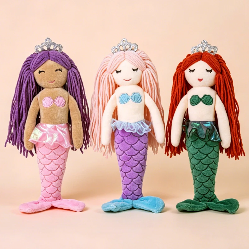 Cute Mermaid Princess Plush Doll with Silver Crown Handmade Yarn Long Hair Color Scaled Mermaid Stuffed Plushie Decoration Gift