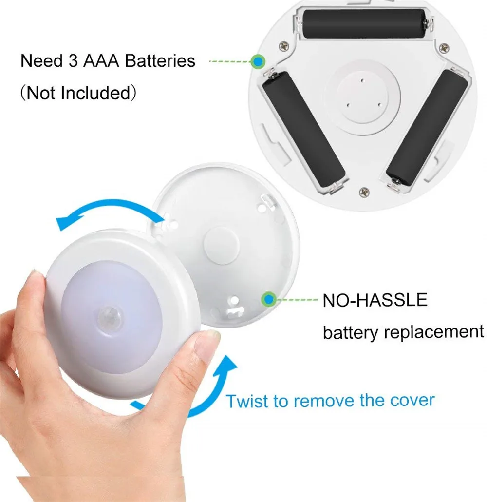 Sensor de Movimento LED Night Light, Rodada sem fio alimentado por bateria, Lâmpada da noite do armário, Luzes de cabeceira, Quarto