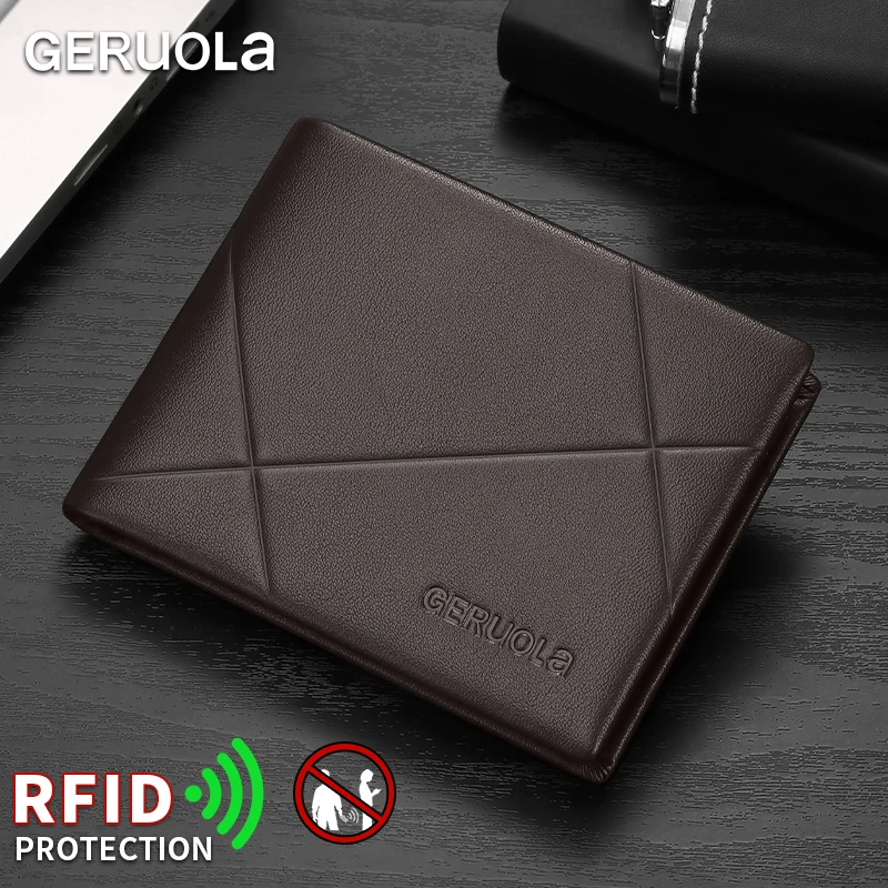 GERUOLA Men’s Short Genuine Leather Wallet with RFID Protection, Minimalist Geometric Stitching Leather Wallet