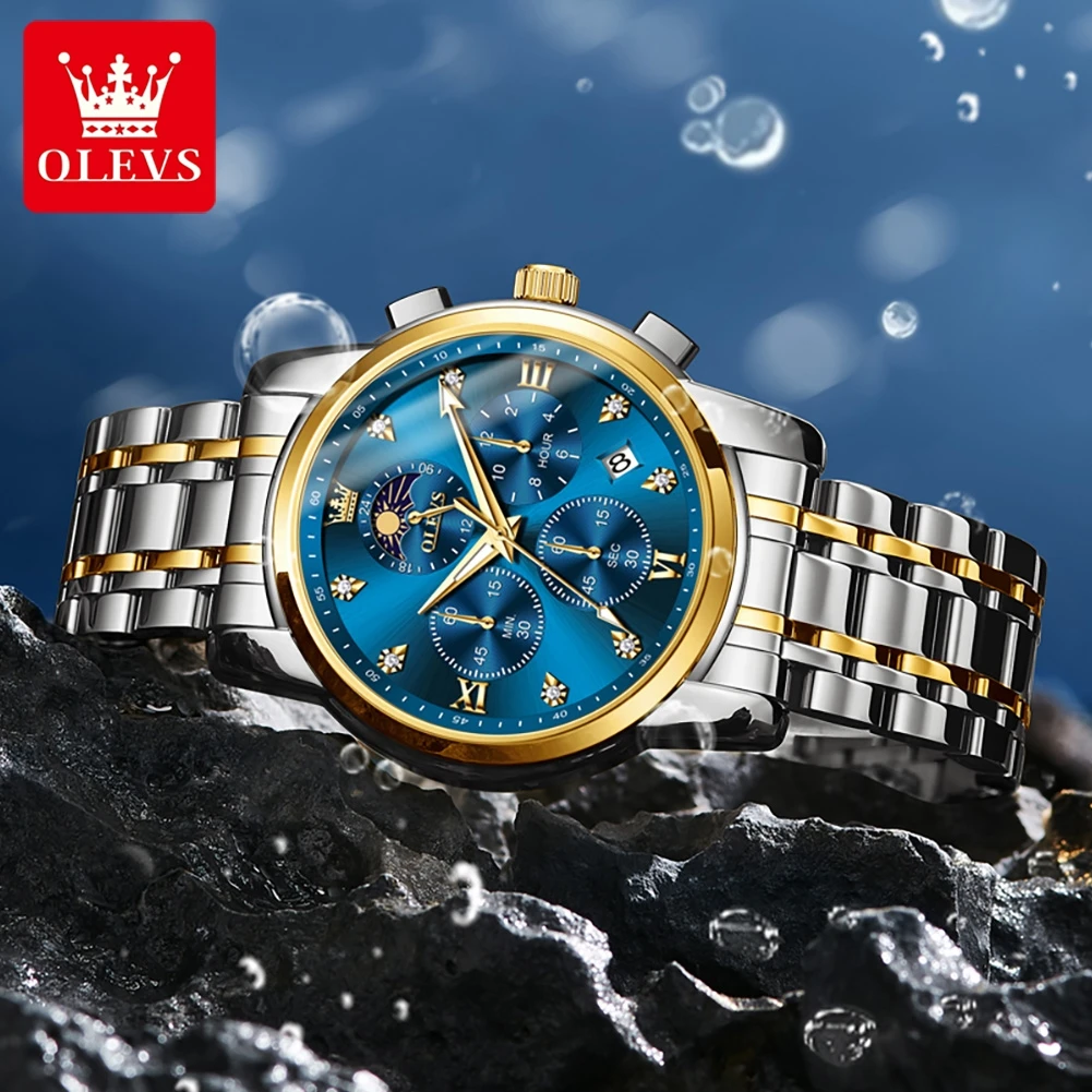 OLEVS 3655 Quartz Men Watch Multifunctional Timekeeping 24-hour Moon Phase Calendar Small Window 30m Waterproof Luminous Watch