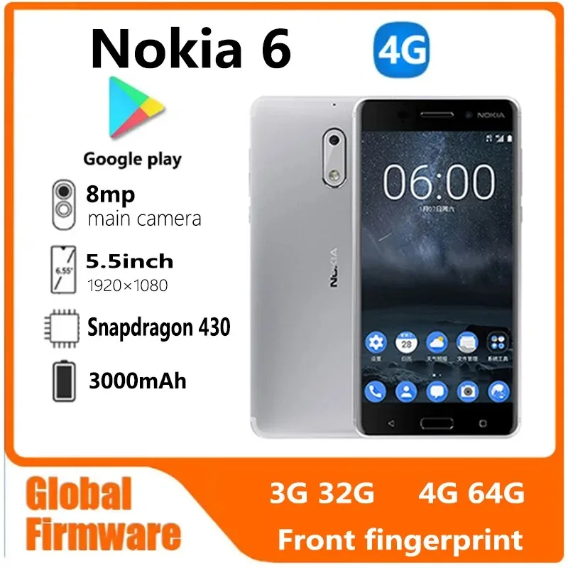 Nokia 6 Smartphone Full Screen Dual SIM 4G Black 4+64G Senior Phone Nokia 6 Cheap Phone Used Phone