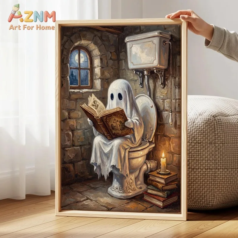 Funny Ghost Reading Old Book Sitting on Toilet Stone Bathroom Candle Halloween Canvas Poster Prints Frameless Wall Art Decor