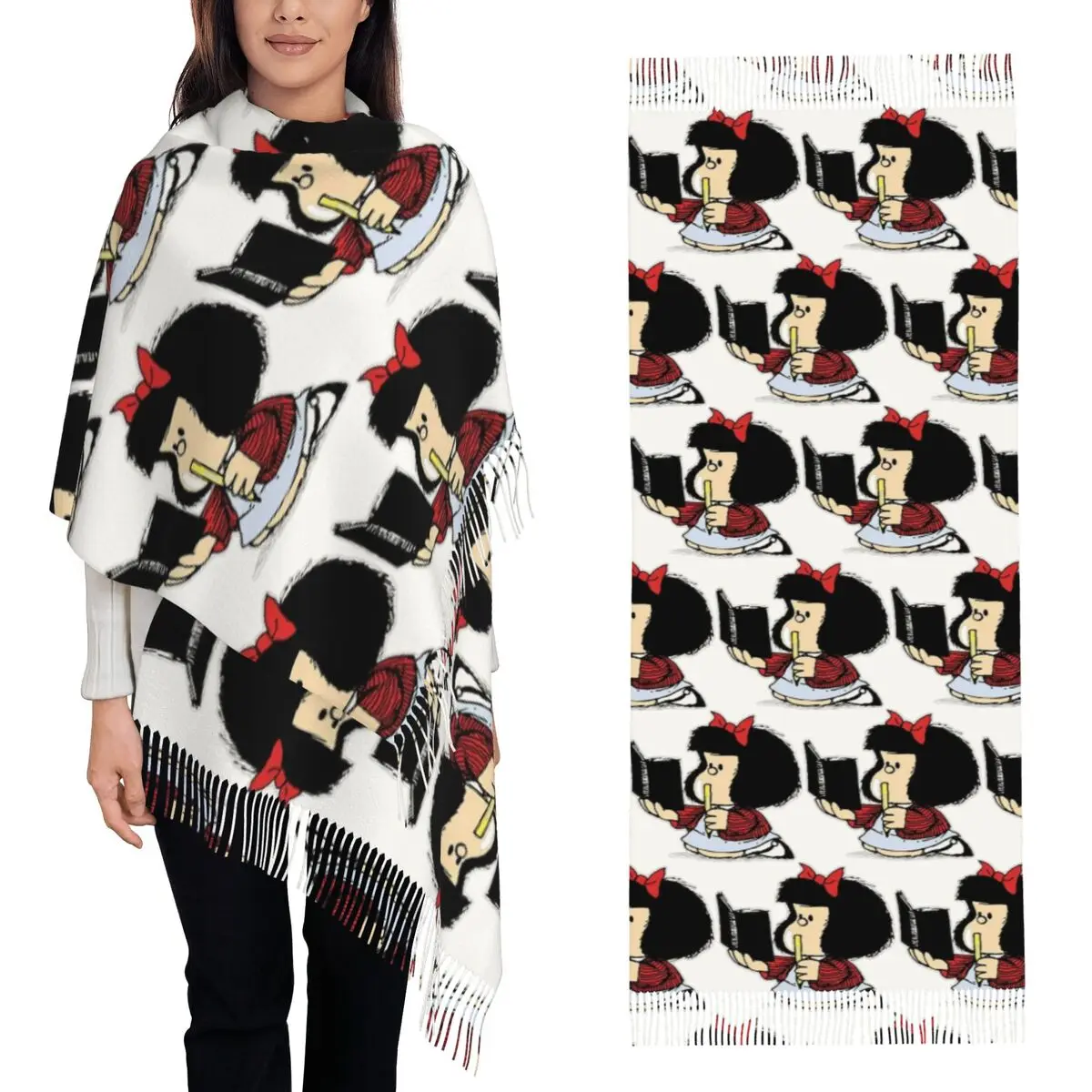 

Юмор Манга M-Mafalda-S Quino АргентинаМультяшный шарф Шарфы с кисточками для женщин Теплые шали и накидки Большая осенне-зимняя шаль