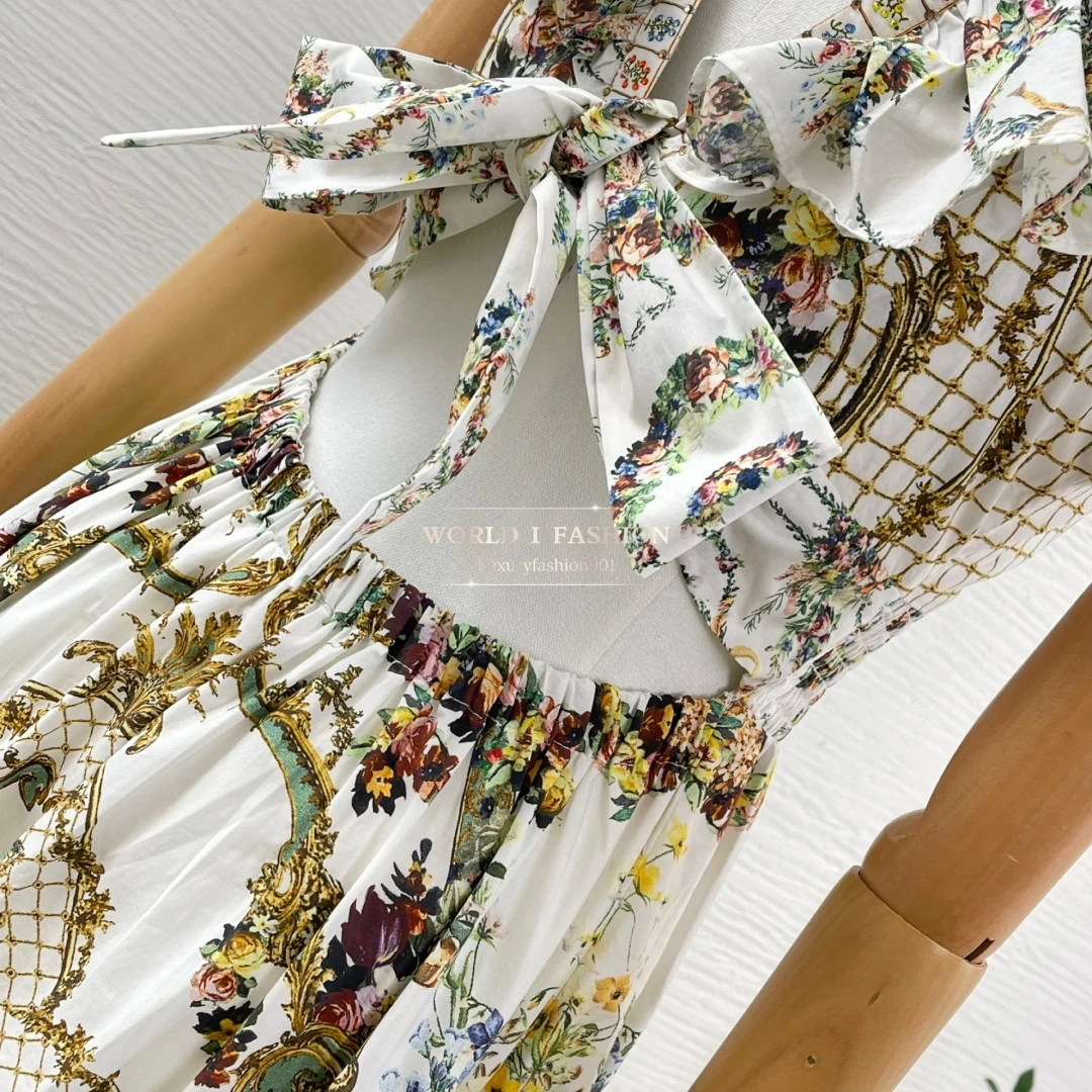 Fotokleur Bloemenprint Mouwloos Plooi Diepe V-hals Diamanten Midi-jurk Zijde