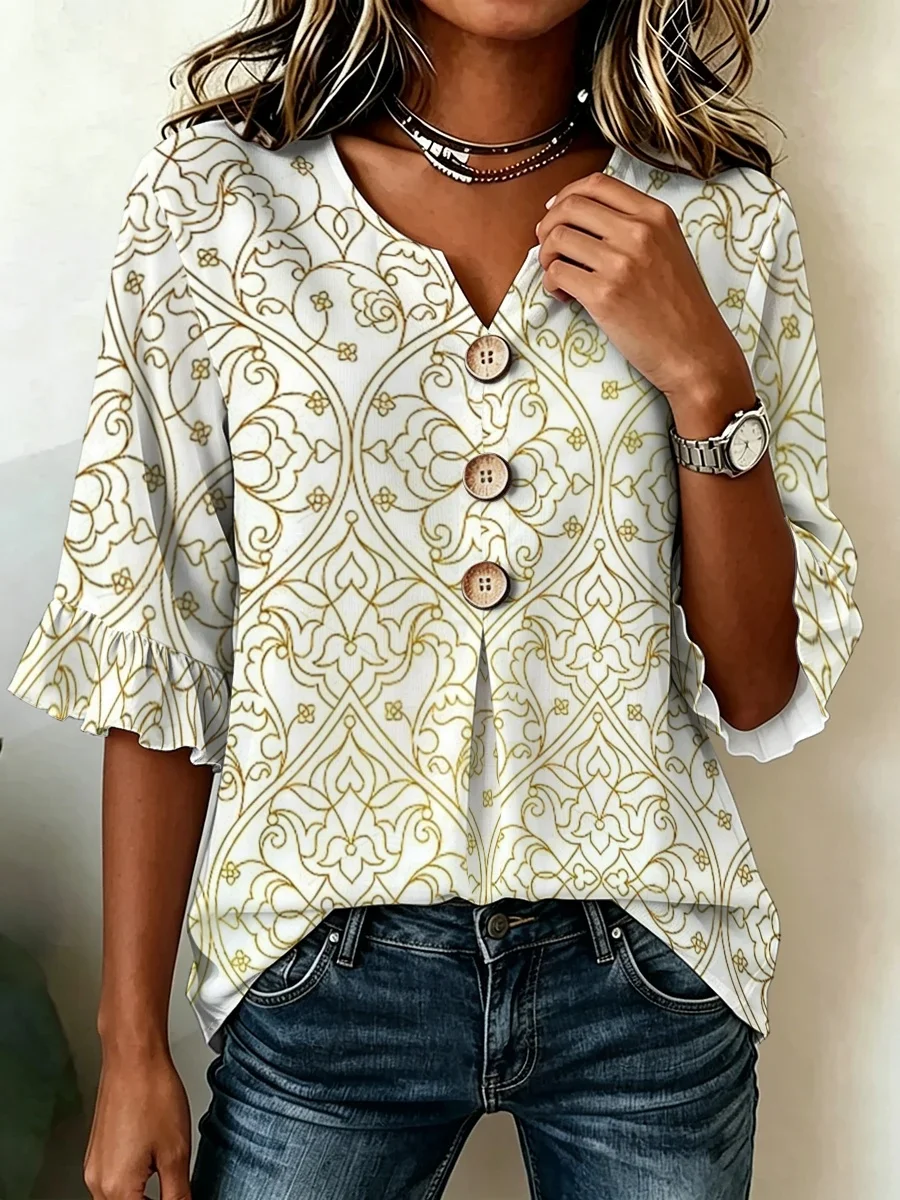 Summer 3/4 Sleeve V‑Neck Printed Blouse, Minimalist High‑End Pattern Top for Street Outing & Business Social Occasions
