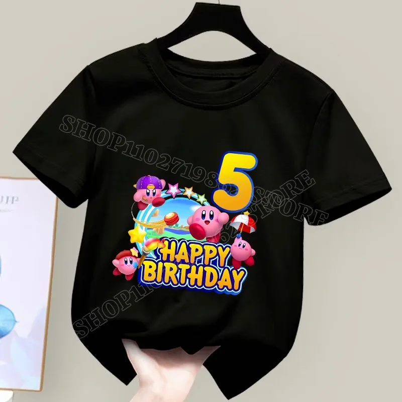 Kirbys Birthday Party T-shirts Cartoon Pattern Numbers Short Sleeve Summer Fashion Clothes Unisex Comfortable T-shirt Party Gift