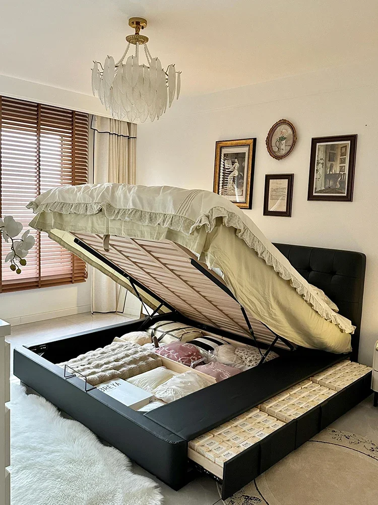 Leather bed retro waffle bed minimalist antique master bedroom solid wood soft modern simple light luxury