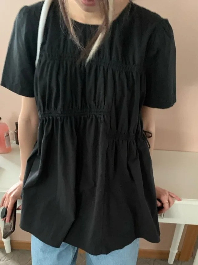 

Loose Korean Sle Women's irt Summer New Design round Ne ort Sve White Casual Faionable Breathable Comfortable