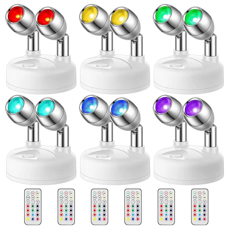 6Pcs 13 Color Battery Operated Spotlights Indoor Dual Head Wireless LED Spotlight RGB LED Accent Lights with Remote A