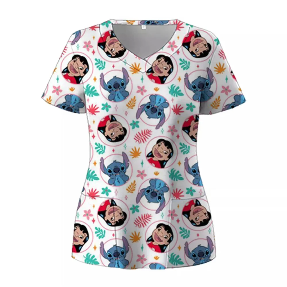 T Shirts Minnie Mouse T-shirts V Neck Woman Clothes Hospital Tops Disney Top Women 2025 Nurse Uniform T-shirt Pocket Summer Tees