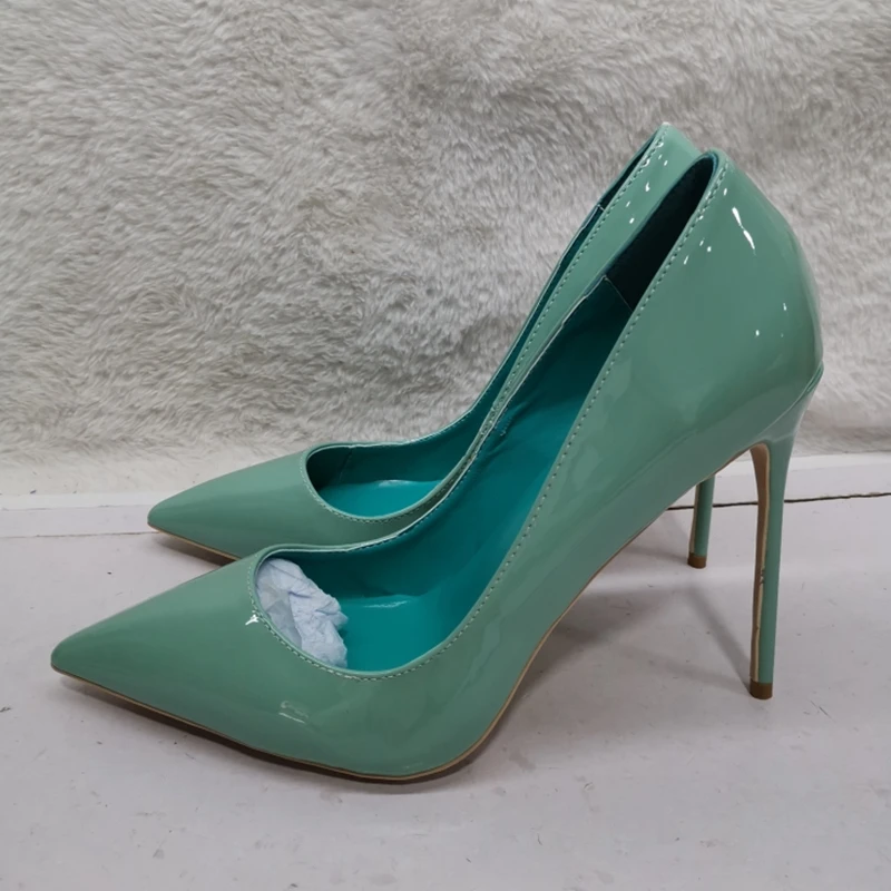 Blue Green Patent Leather Women Shoes 120MM Shallow Stiletto High Heels Pumps Slip On Pointed Toe Party Dress Shoes Size 46 view 5