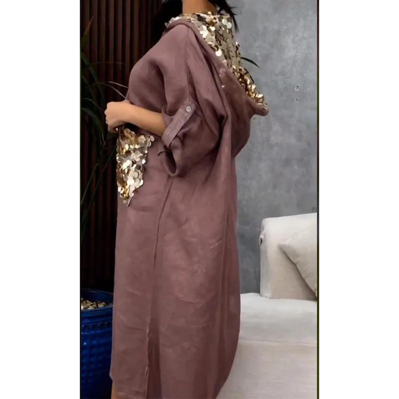 New Saudi style loose large size women\'s dress sequin cotton linen fish scale sequin hooded long skirt spring and autumn dress 0