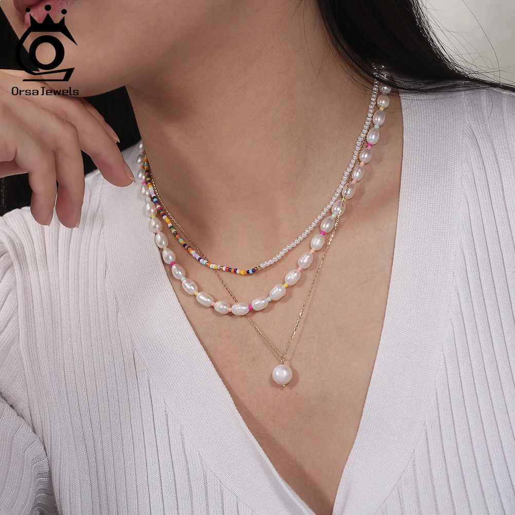 ORSA JEWELS 925 Sterling Silver 2.5mm Shell Pearl Choker Necklace with Colorful Beads, Elegant Strand Ornament for Women PSN05