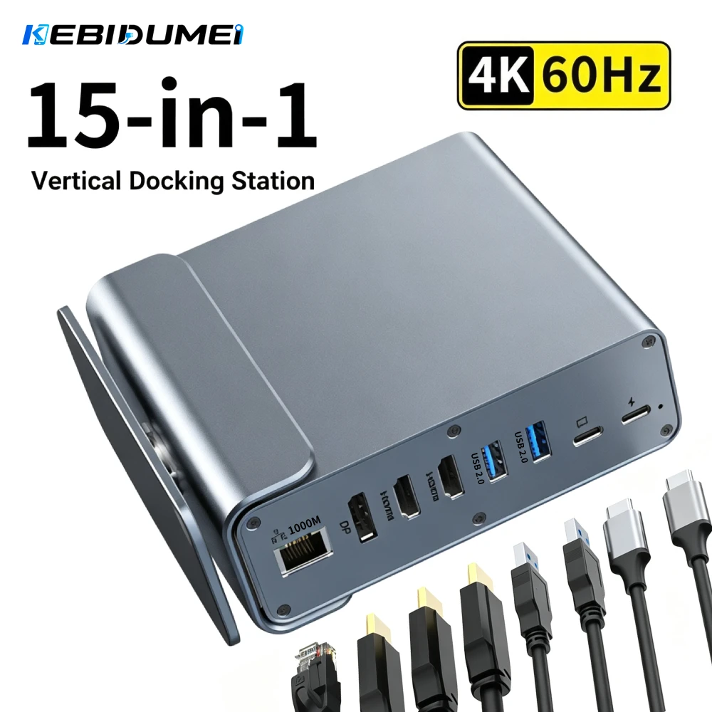 Многофункциональная док-станция KEBIDUMEI 15-в-1 с USB-C, HDMI/DP 4K@60Hz, зарядкой PD 100W, USB 3.0, Ethernet RJ45, SD/TF и аудиоадаптером 3.5 мм