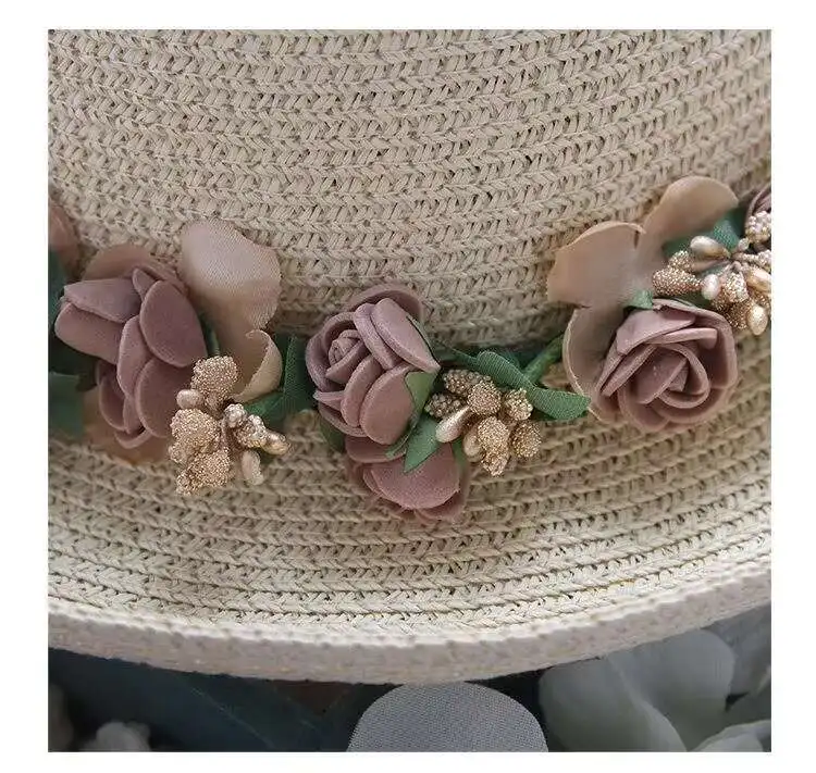 2018 Summer New Women's Sun Hat beige lace Bowknot Flowers Ribbon Flanging Straw Hat Beach Caps Head Circumference 55-58 cm