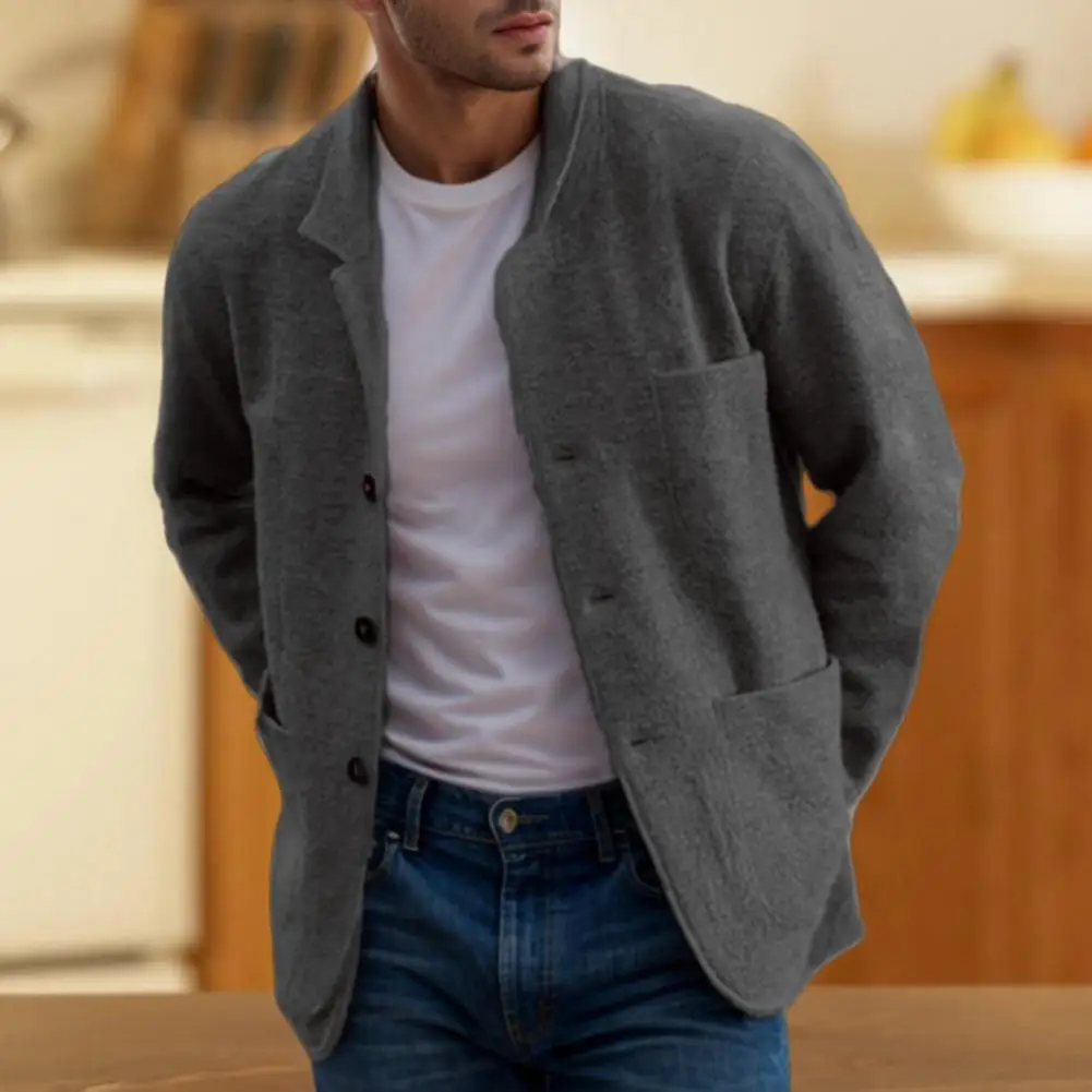 メンズ長袖シングルブレストウールジャケット,ポケット付き,ラペルコート,単色,ゆったりとしたフィット感,カジュアルなアウター
