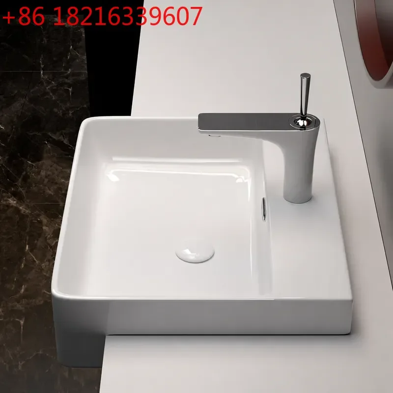 YAOSemi Embedded Countertop Basin Hotel Semi Hanging Ceramic Washbasin Square Narrow Bathroom Sink for Modern Vanity