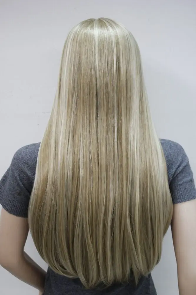 New no bangs honey ash blonde mix long straight synthetic hair women's full wig