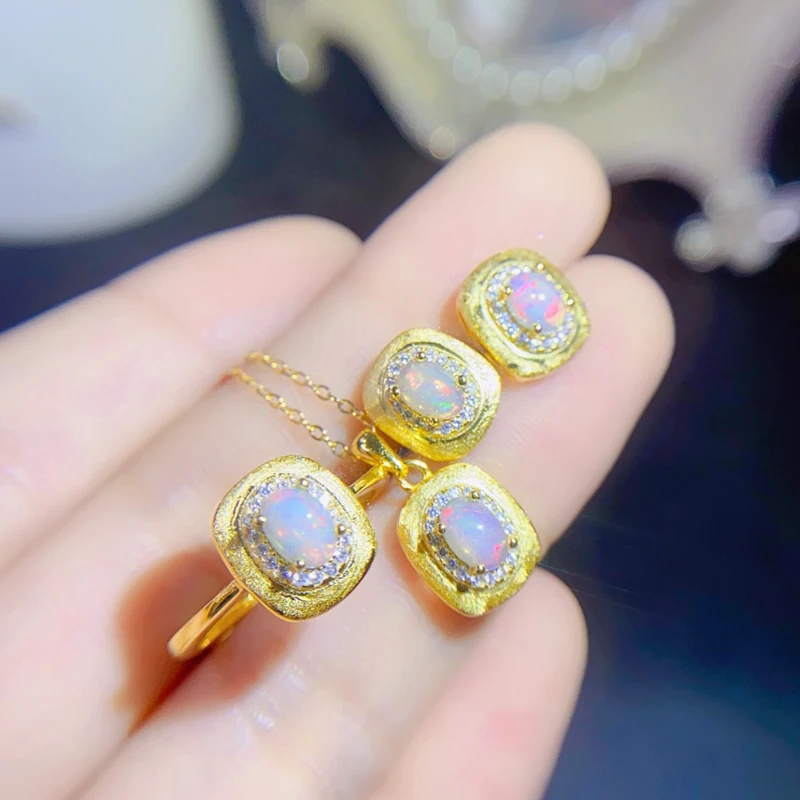 Natural Opal jewelry sets for women rings earrings pendant silver 925  luxury gem stones 18k gold plated free shiping items