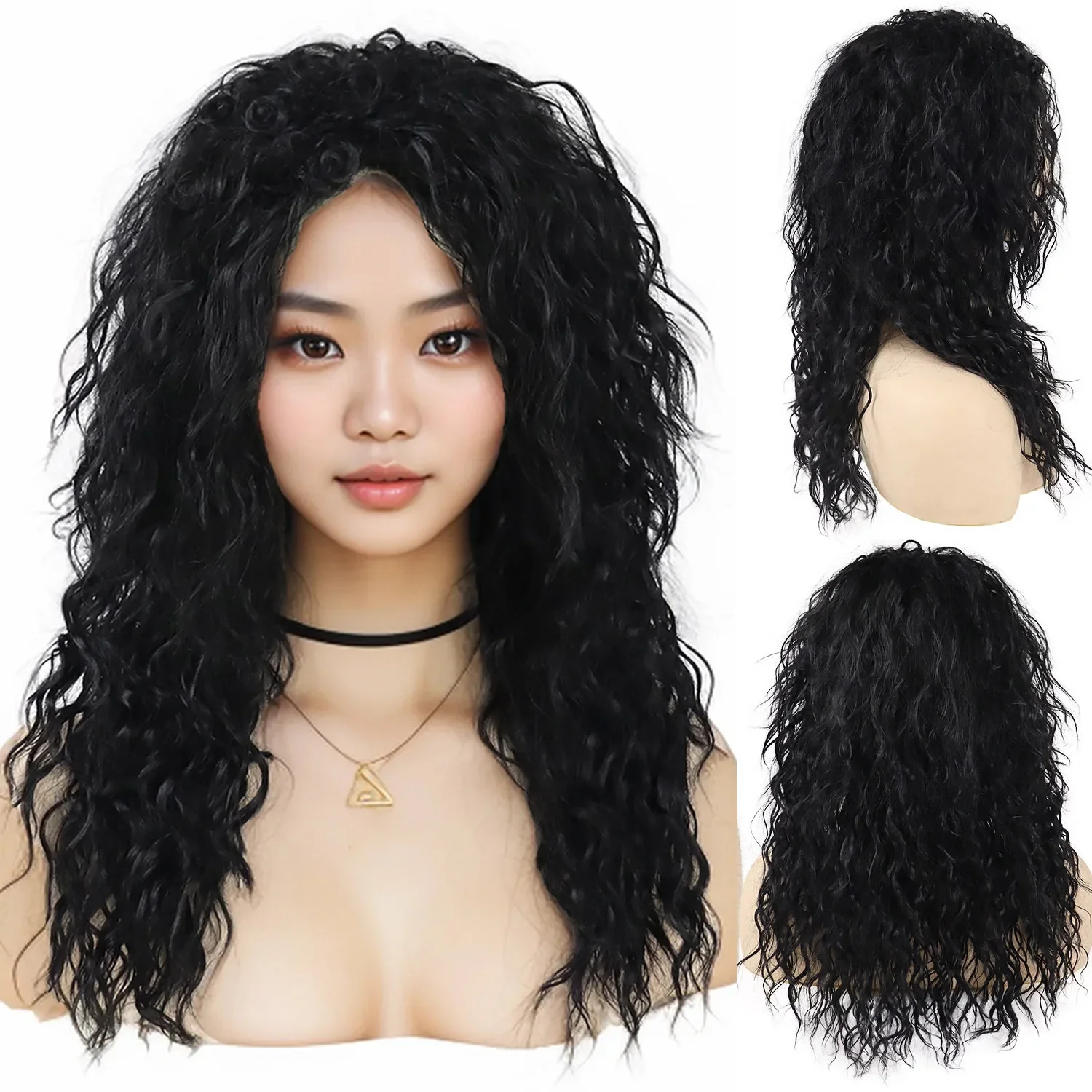 Women's Long Wavy Wig Synthetic Black Curly Water Wave Wigs for Girls Daily Costume Party Soft Heat Resistant Natural Looking