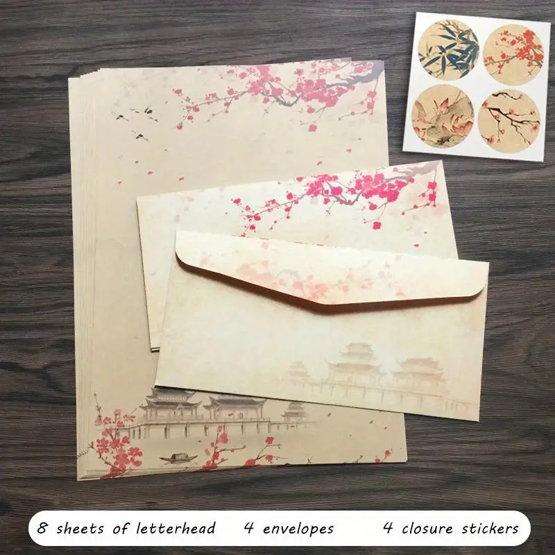 16 pcs Classic Vintage Stationery Set - 8 Papers, 4 Envelopes, 4 Stickers