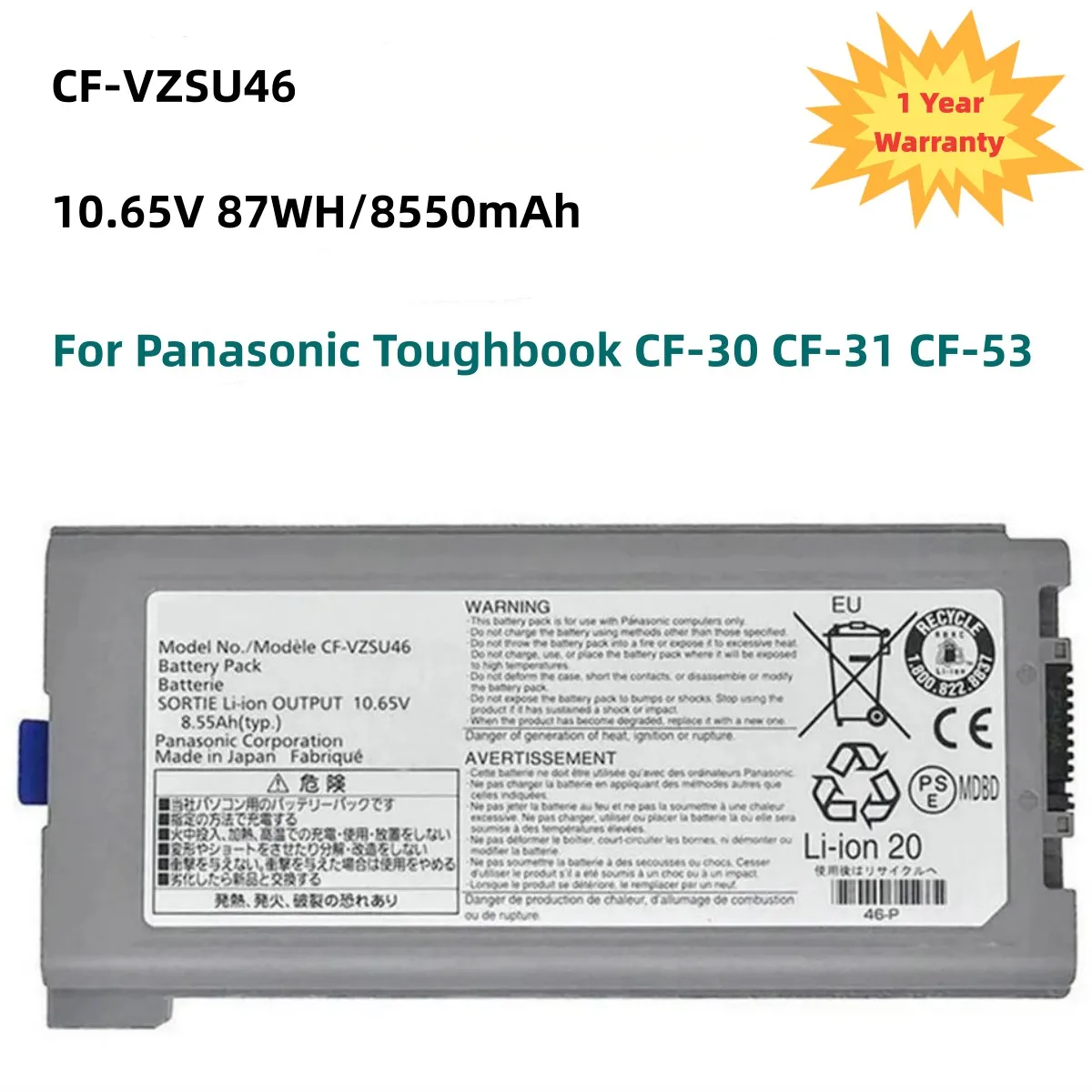 

10.65V 87WH/8550mAh Laptop Battery CF-VZSU46 For Panasonic Toughbook CF-30 CF-31 CF-53 CF-VZSU46AU CF-VZSU46U CF-VZSU46S