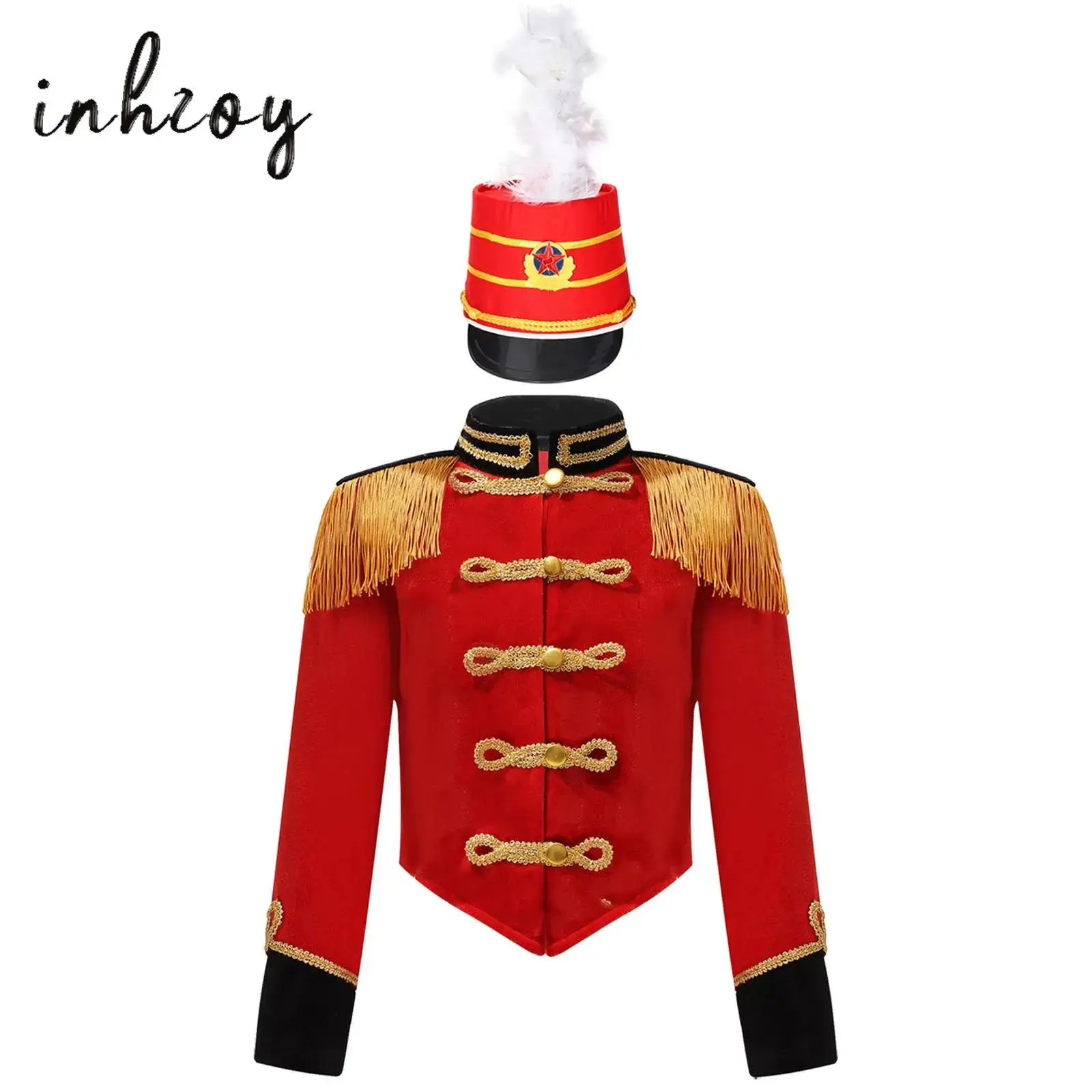 Boys Girls Circus Drummer Magician Costume Major Team Uniform Nutcrackers Tassel Jacket Coat Hat Set Ringleader Drummer Outfits