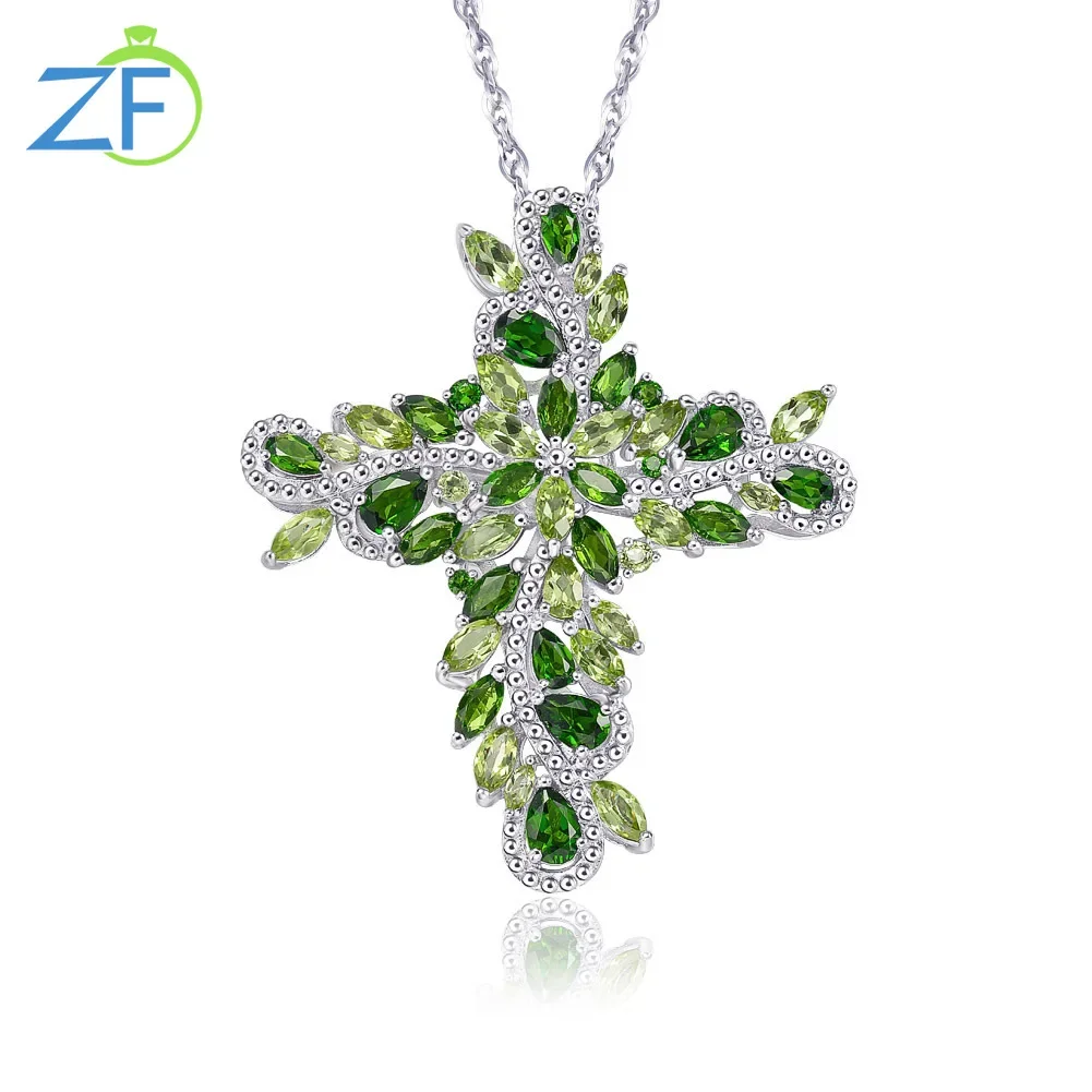 

GZ ZONGFA Pure 925 Silver Natural Chrome Big Cross Necklace for Women Diopside Peridot Mixed Color Cross Pendant Fine Jewelry