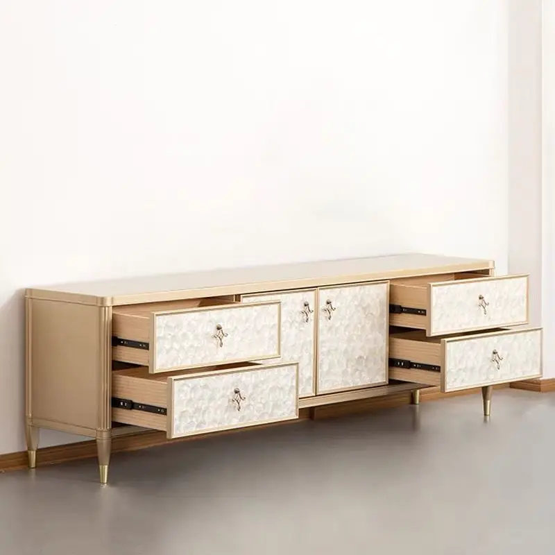Modern simple shell, TV cabinet, American living room, champagne gold solid wood floor cabinet, storage coffee table combination