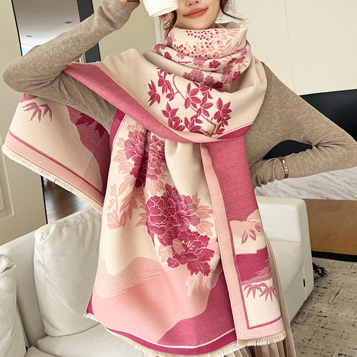 Women\'s Winter Soft and Elegant Double-sided Printed Air-conditioning Shawl Thick Warm Versatile Long Scarf Travel Weeding Gift