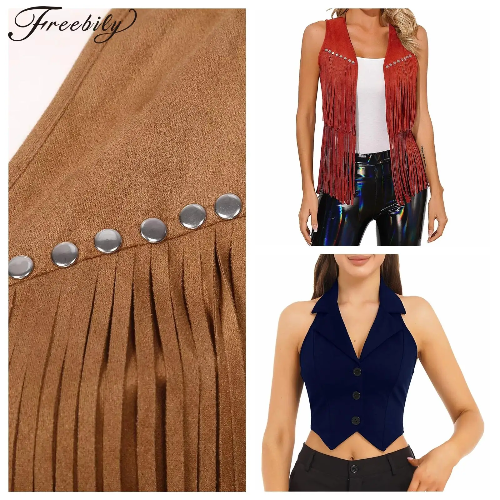 Women's Tassel Vest Fashion Rivets Fringe Waistcoat Open Front Sleeveless Vests Festival Rave Party Carnival Halloween Costumes