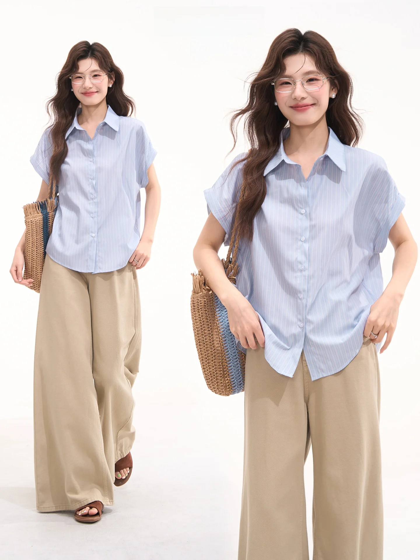 

Летняя женская рубашка Heme в полоску, с коротким рукавом, в корейском стиле, свободного кроя, из хлопка, повседневный топ, простой и элегантный, для демонстрации витрине