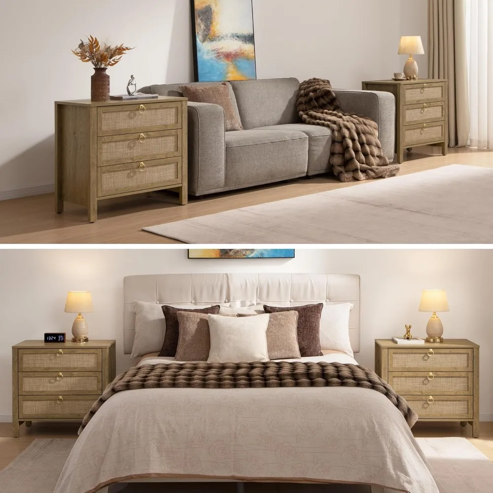 大きな籐製ナイトスタンド、3つの引き出しと金色の取っ手付き、高さ26.7インチ