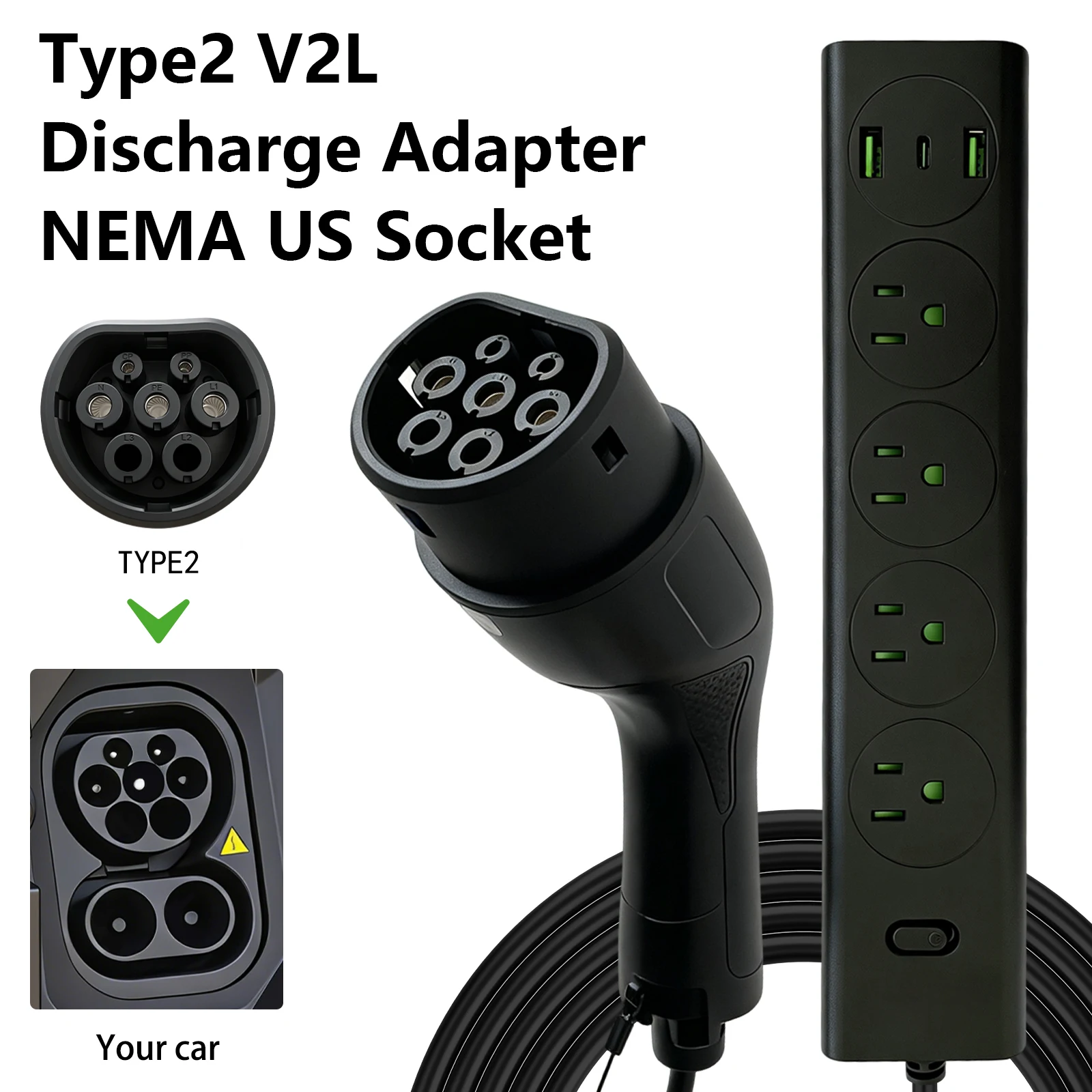 orth America Type2 V2L Discharge Adapter EV to Outdoor Power Station US NEMA 5‑15P Socket for BYD Geely EX5 Electric Vehicle