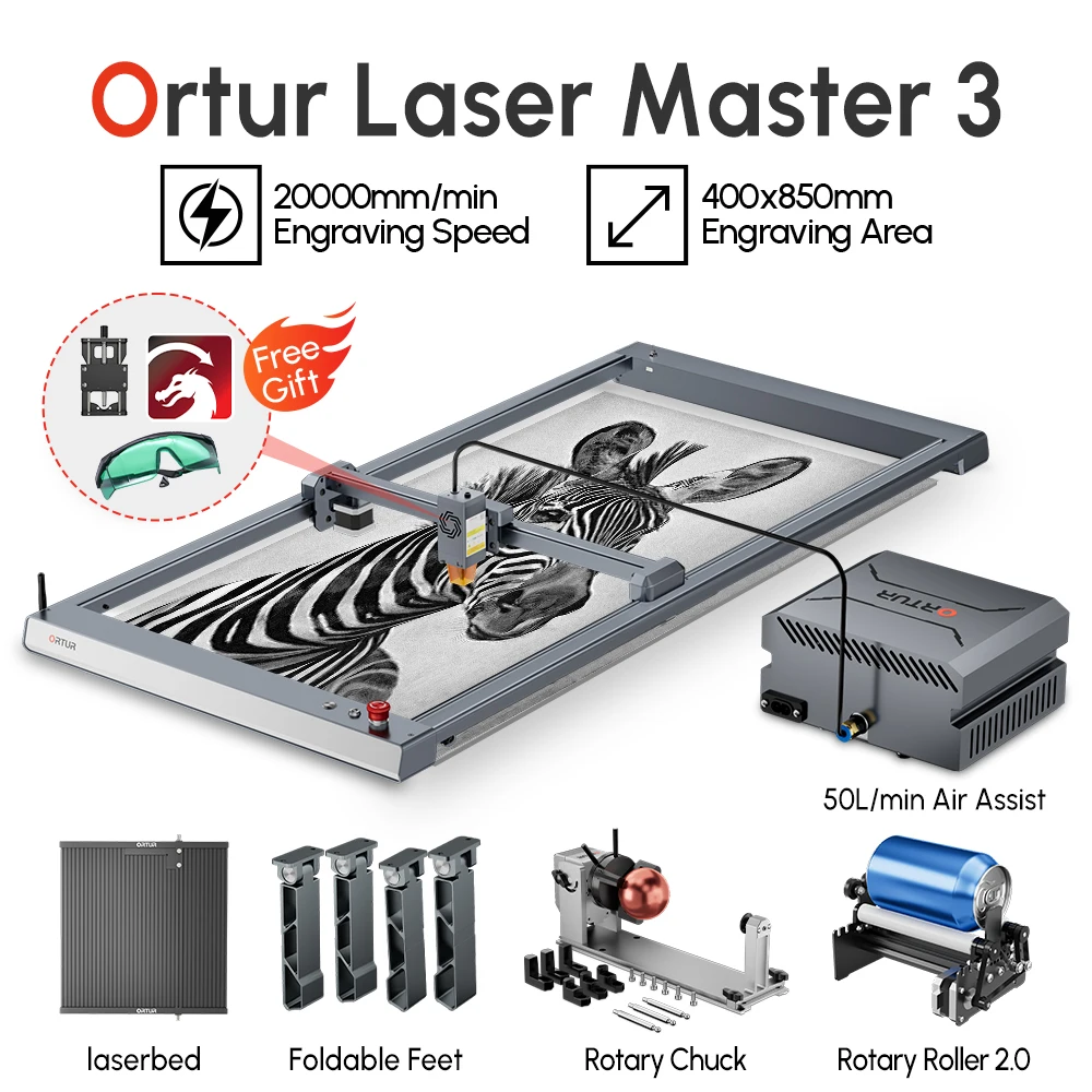 Ortur Laser Master 3 Air Pump Engraver Rotary Roller Honeycomb Laserbed Separable Feet Extension Kit Engraving Cutting 400x850mm