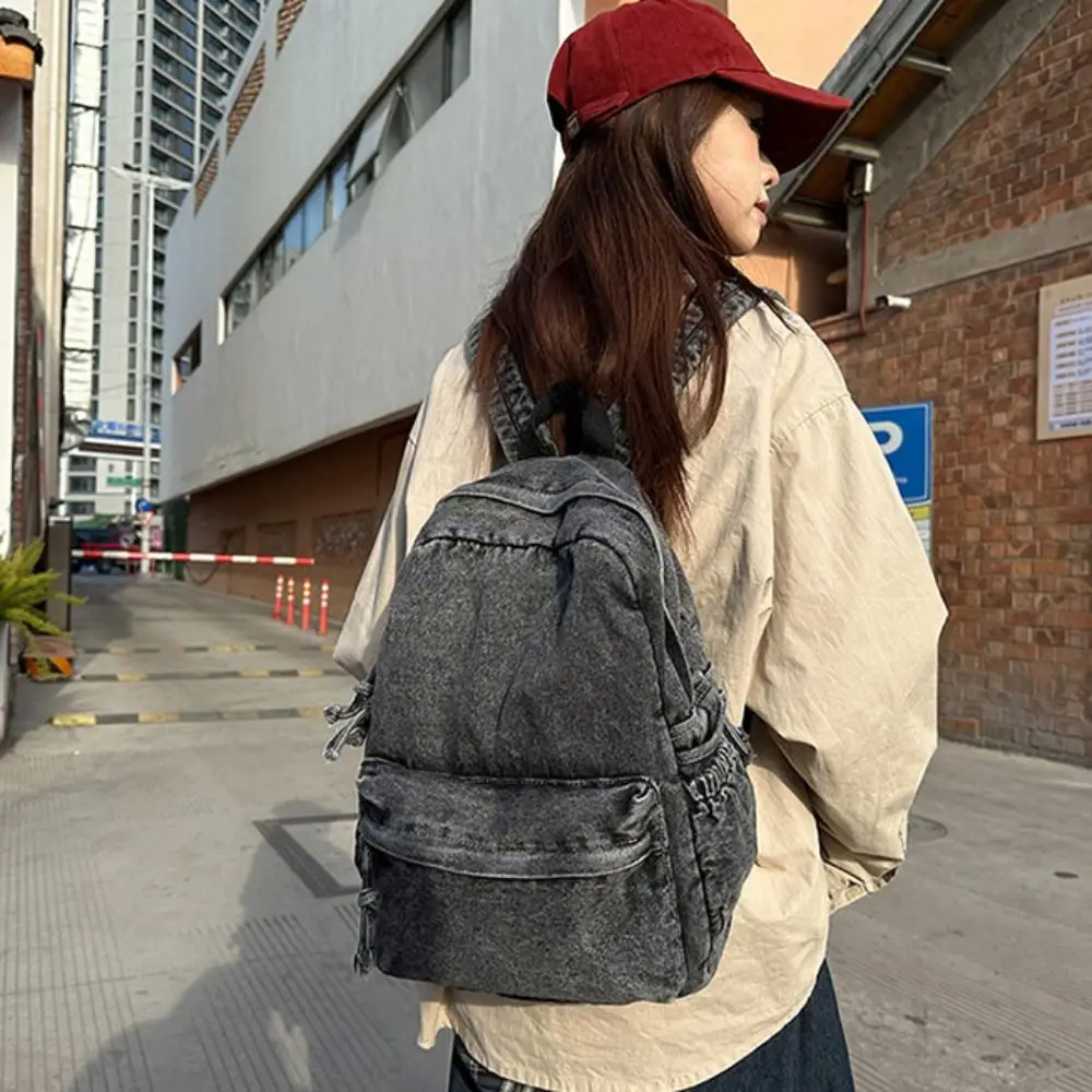 Portable Y2K Denim Backpack Street Style Large Capacity Vintage Handbag Shopping Bag Solid Color Solid Crossbody Bag Boy