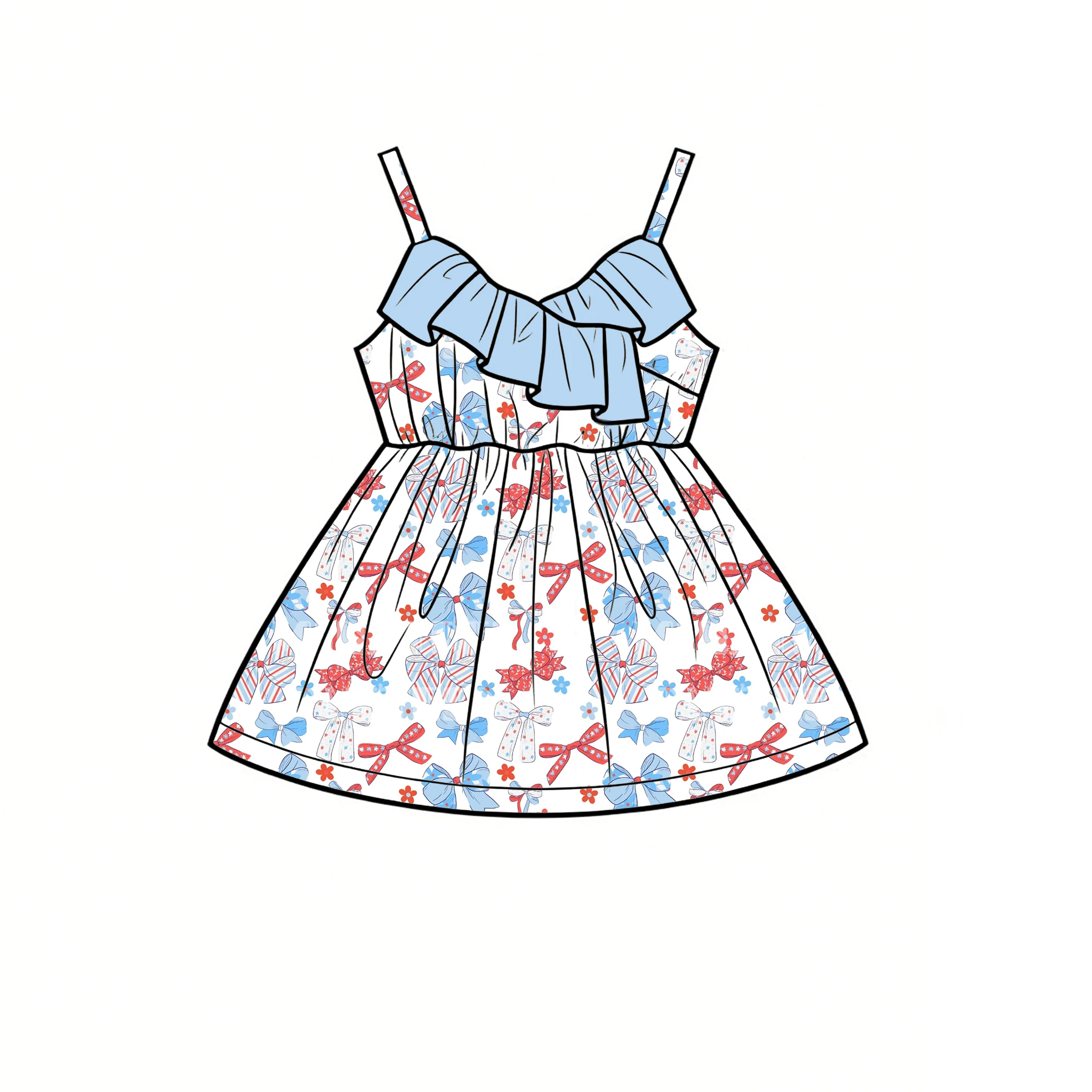 Girls' ruffled sundress with Independence Day bow cartoon print customizable and wholesale available